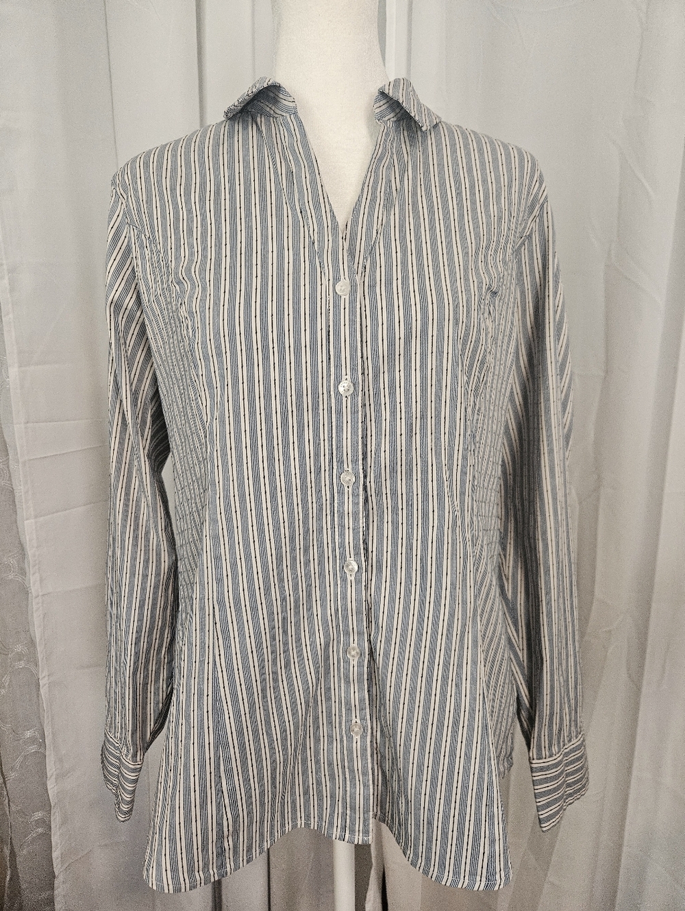 Express Blue and White Pinstriped Women's Button Down Long Sleeve Shirt - Size L